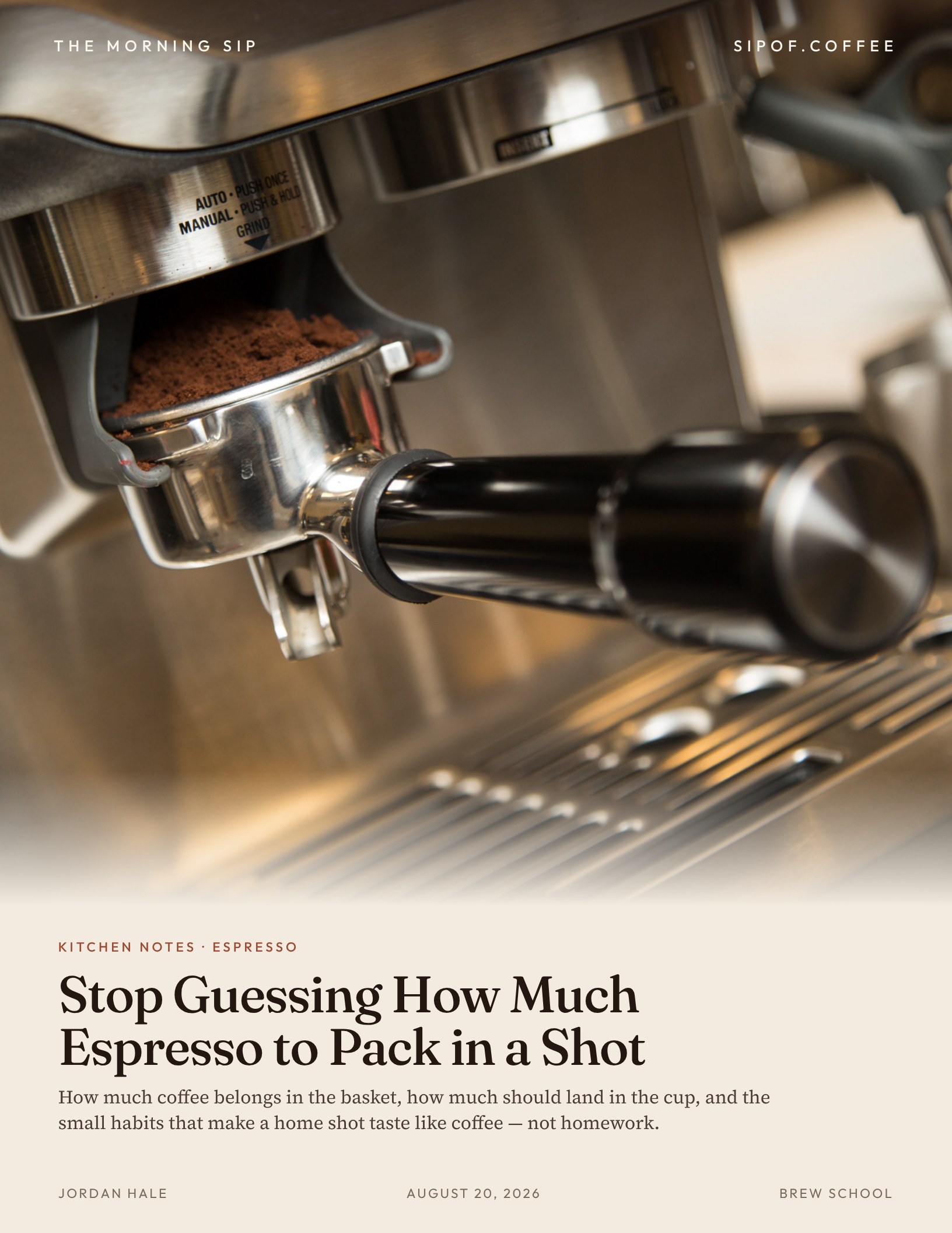 The Morning Sip cover: a home espresso machine with a packed portafilter